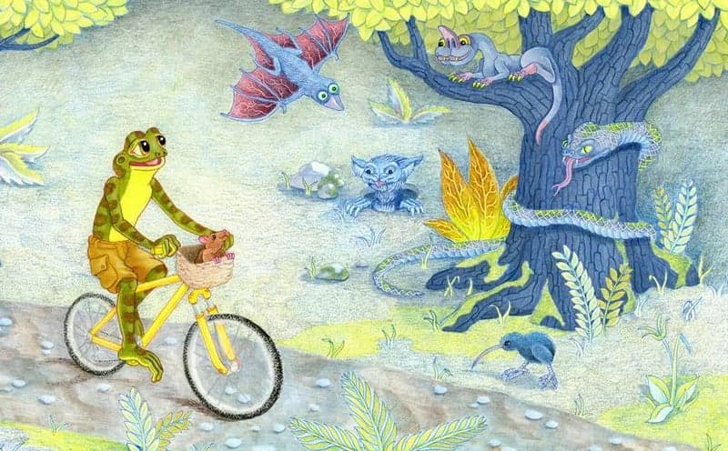 Frog on a bike in the woods